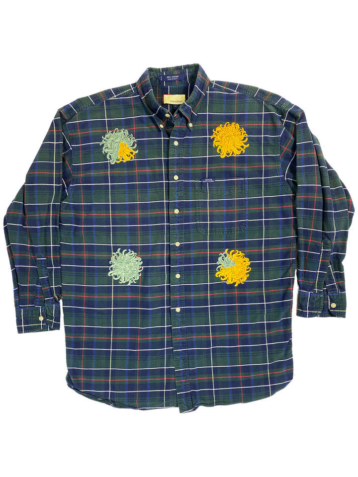 jade & mustard chrysanthemum plaid cotton shirt | L/XL