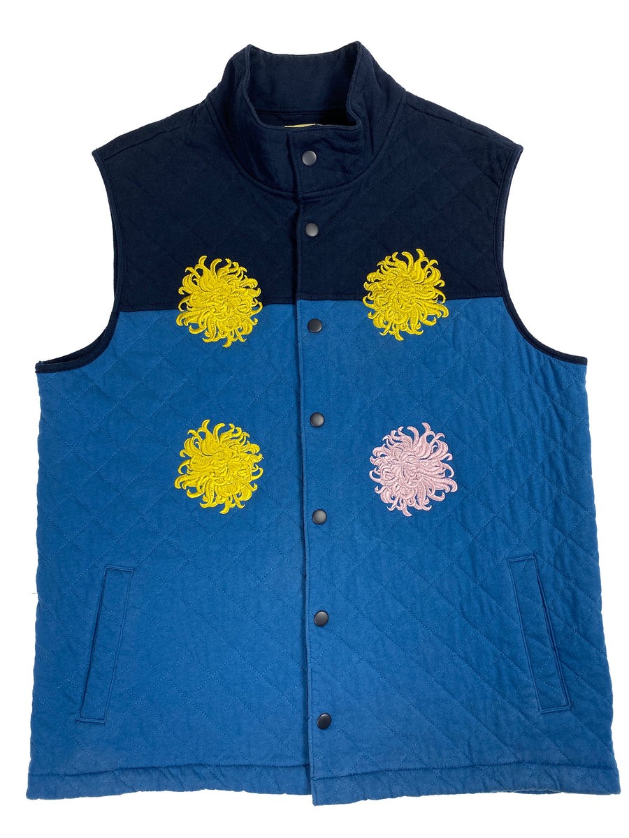 gold & blush chrysanthemum blue vest | L