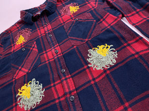 burgundy, jade & gold chrysanthemum plaid flannel shirt | L/XL