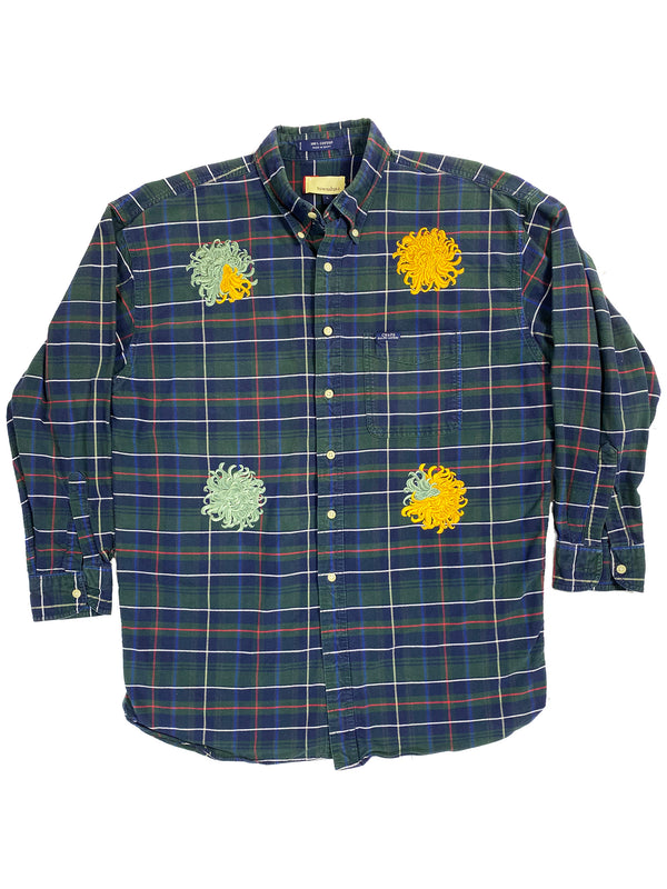 jade & mustard chrysanthemum plaid cotton shirt | L/XL